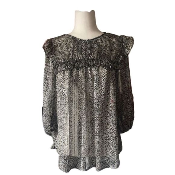 Black and White Ruffled See through Small Flowers Ruffled Top S - Picture 8 of 8